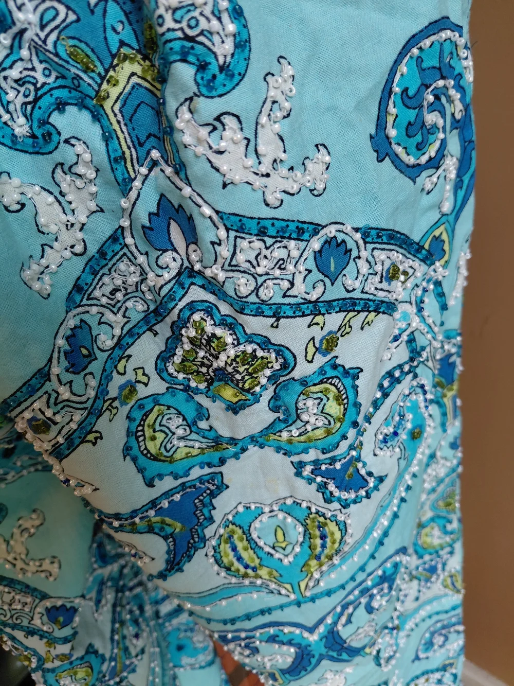 Women’s Light Blue Paisley Drawstring Pants With Bead Detail